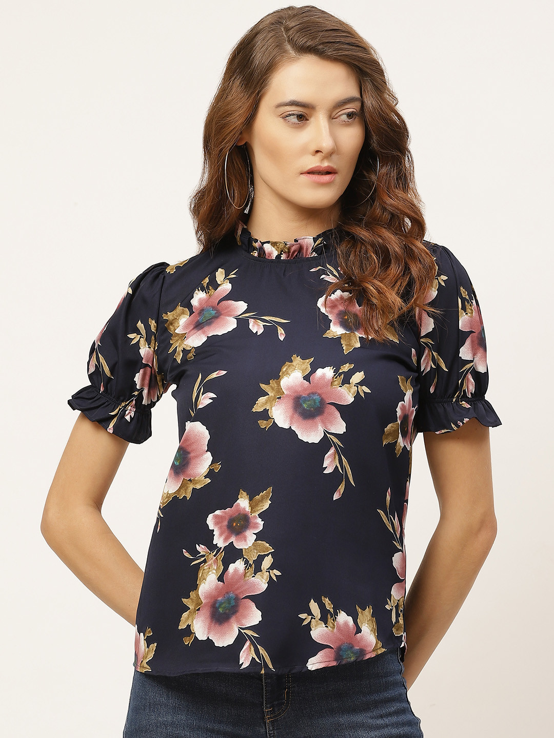 One Femme Navy Blue & Pink Floral Printed Puff Sleeves Crepe Regular Top