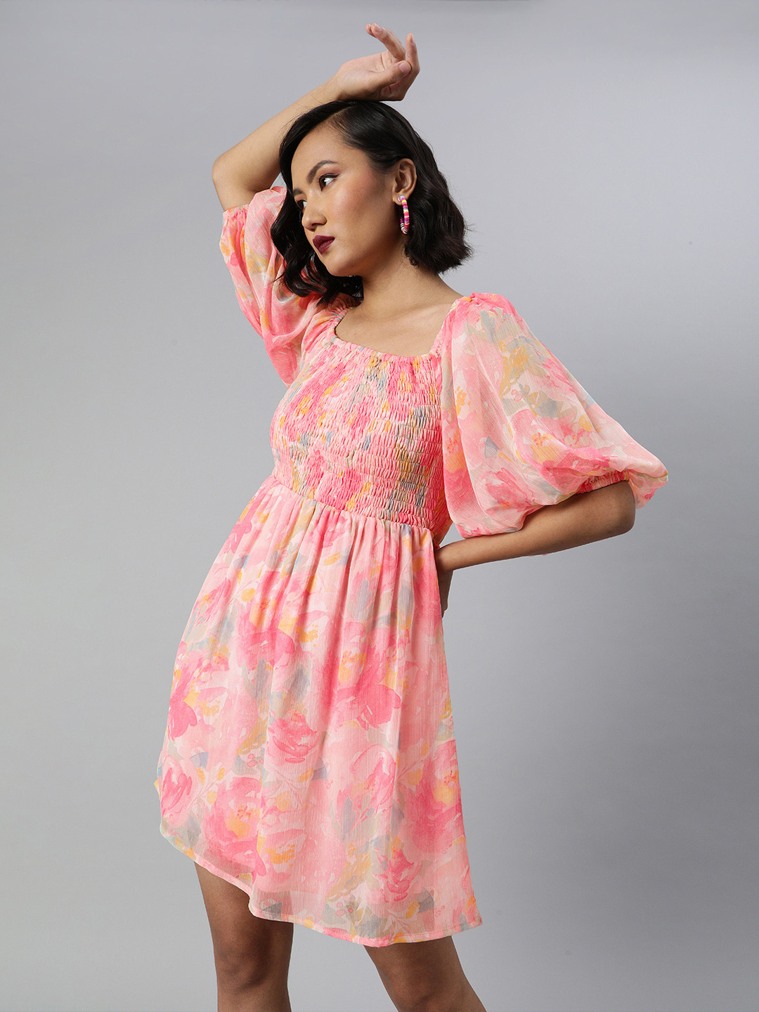 Sera Women Pink & blue Floral Printed Smocked Fit and Flare Dress