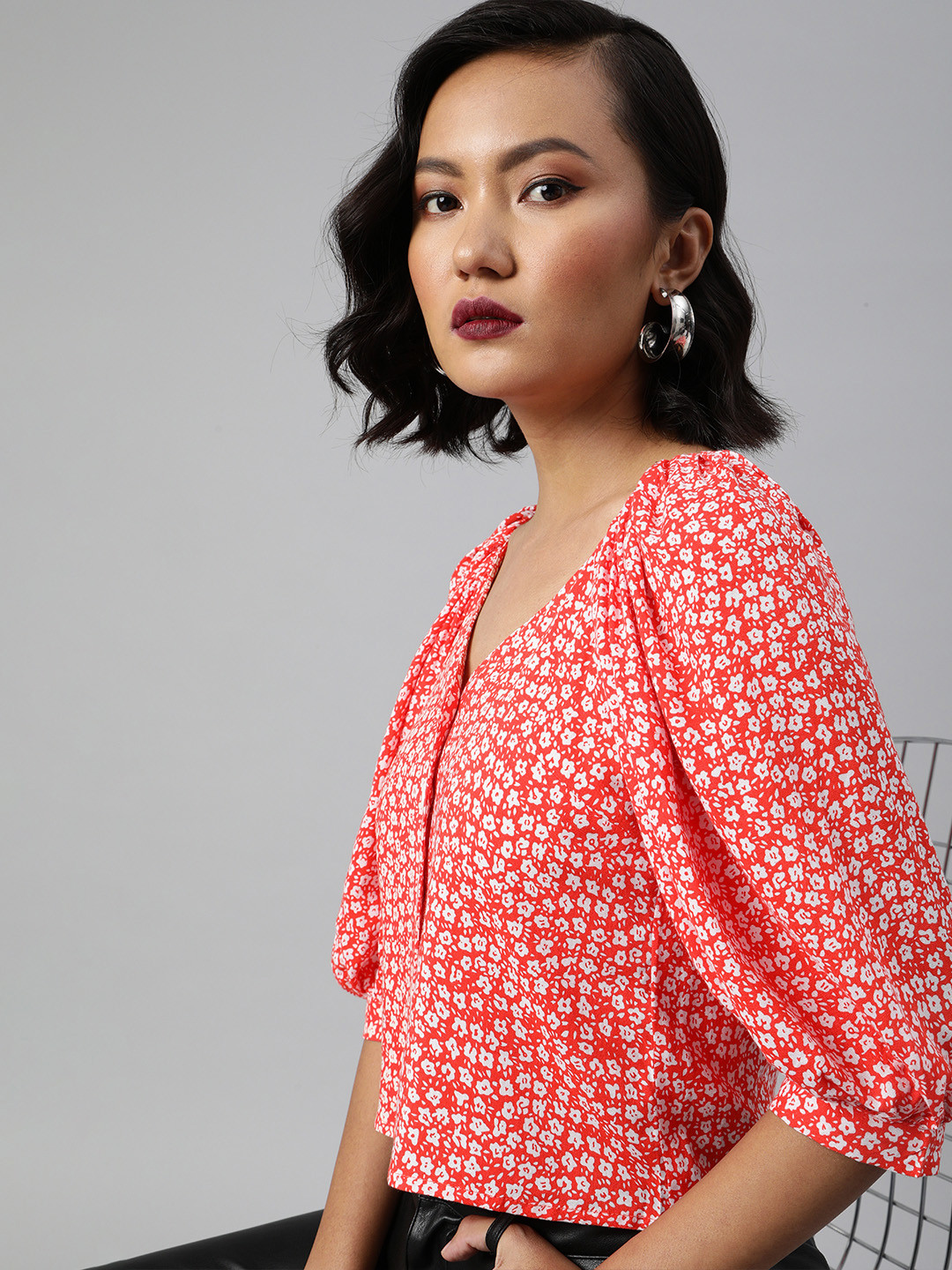 Sera Orange & White Floral Printed Puff Sleeves Blouson Crop Top