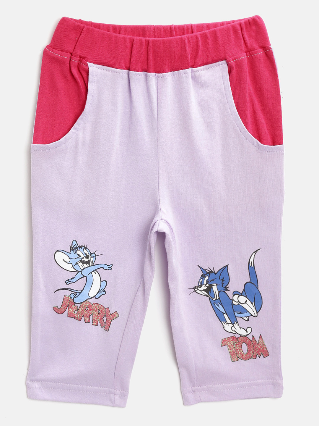 toothless Girls Lavender & Pink Pure Cotton Tom & Jerry Printed Regular Fit Capris