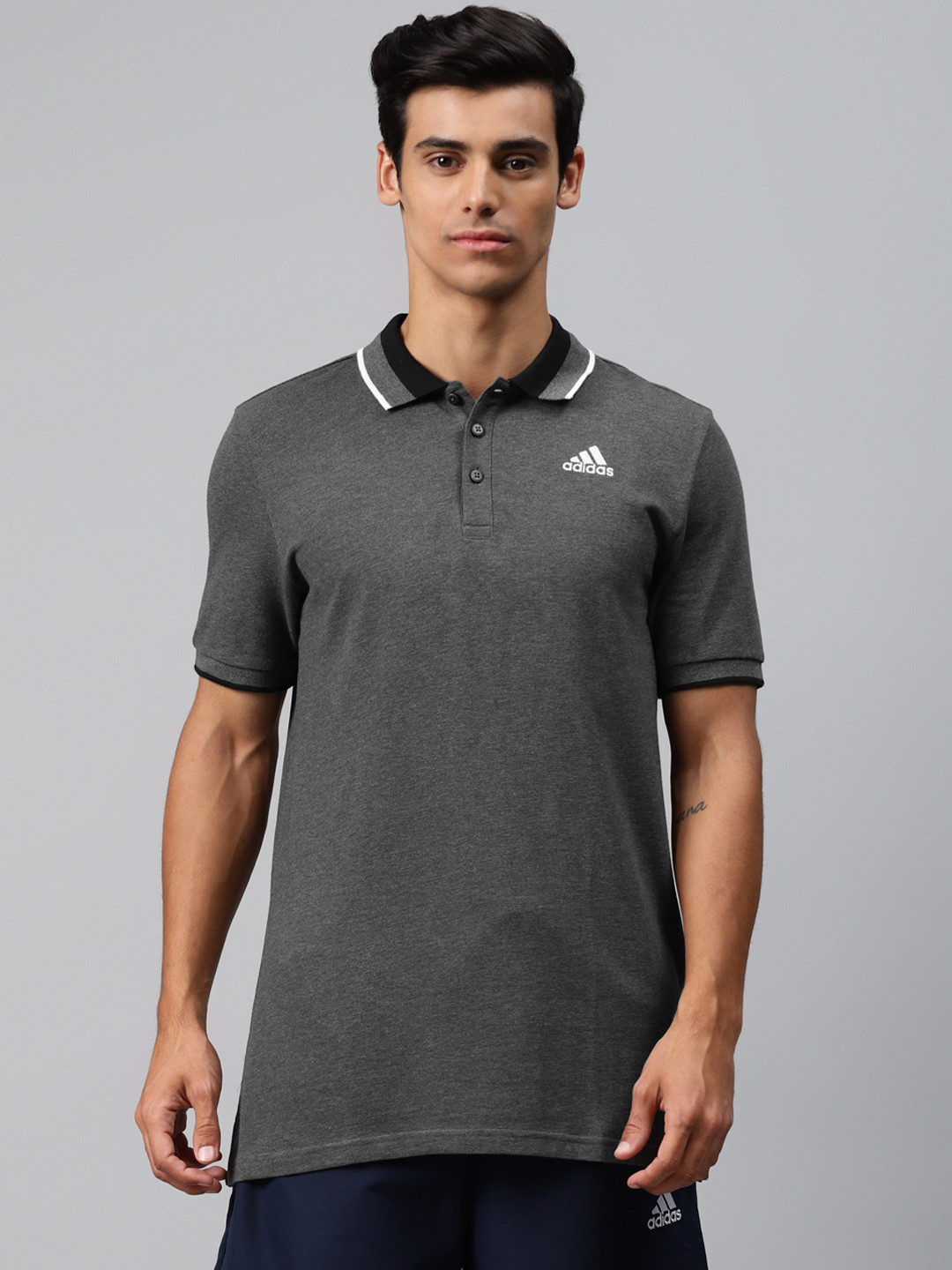 ADIDAS Men Charcoal Grey ESS Core Polo Collar Solid Pure Cotton T-shirt