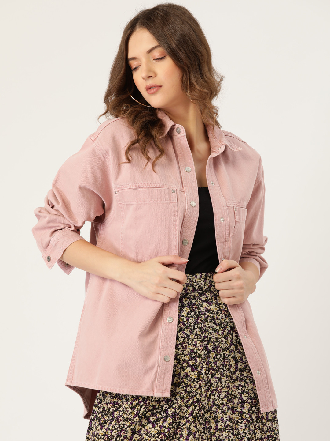 MANGO Women Pink Pure Cotton Oversized Longline Sustainable Casual Denim Shirt