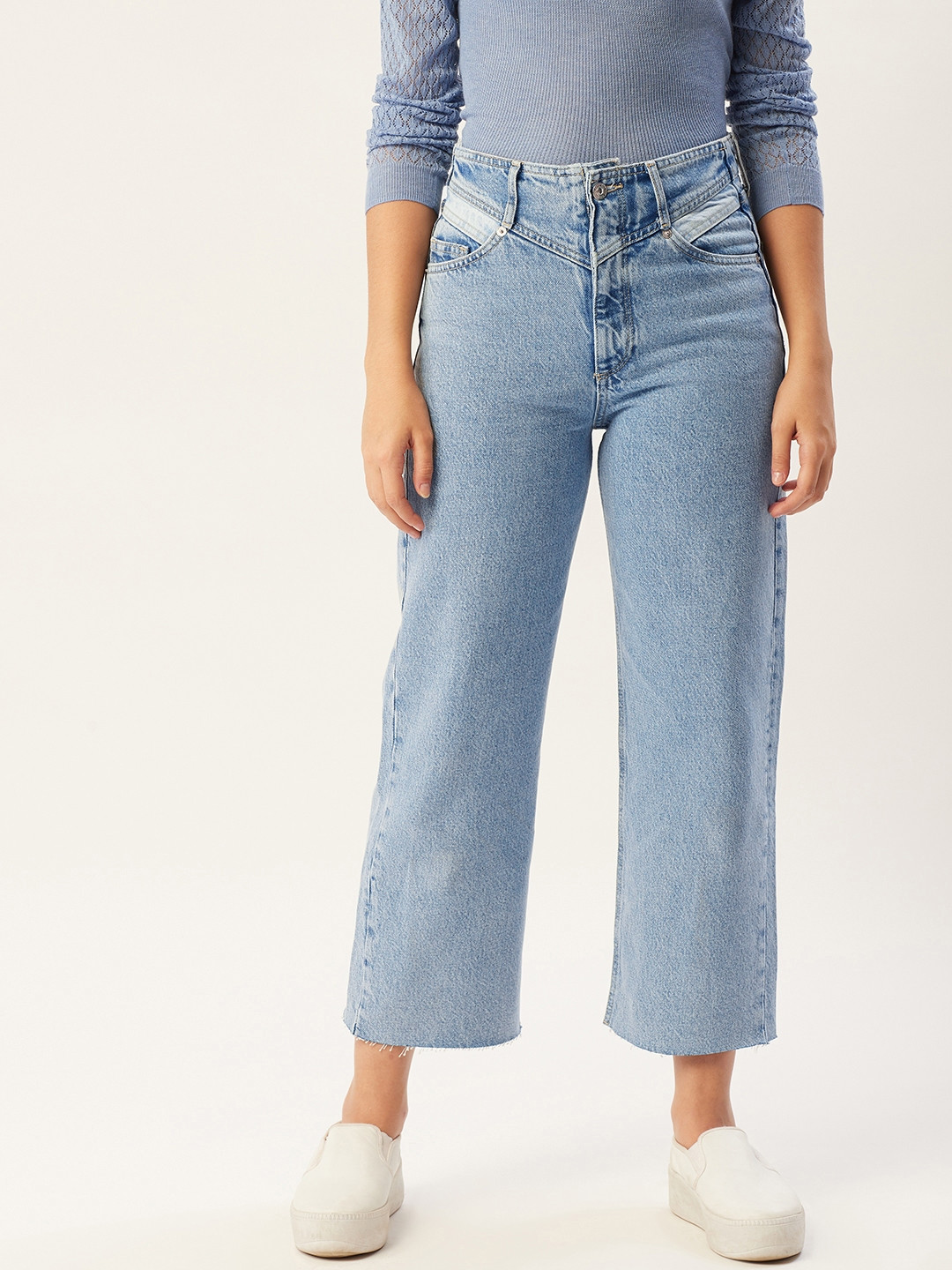 MANGO Women Blue High-Rise Pure Cotton Stretchable Wide Leg Jeans