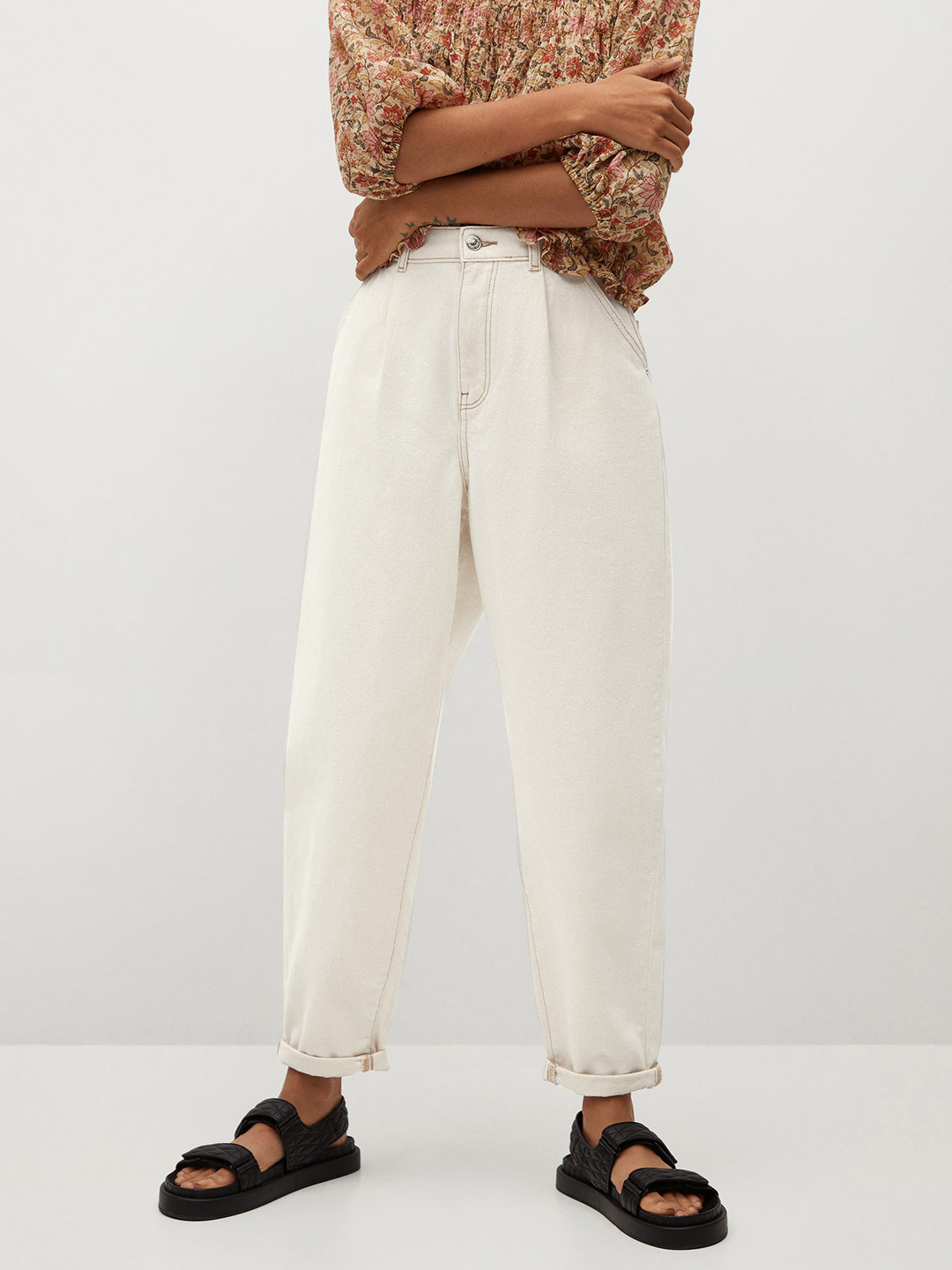 MANGO Women Off-White High-Rise Clean Look Cropped Design Sustainable Slouchy Regular Fit Jeans