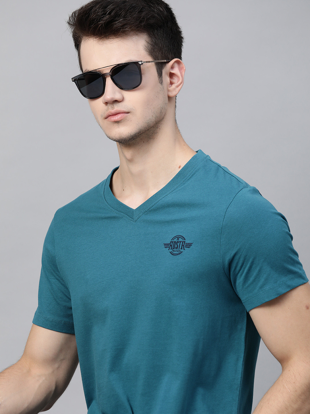 Roadster Men Teal Blue Brand Logo V-Neck Pure Cotton T-shirt