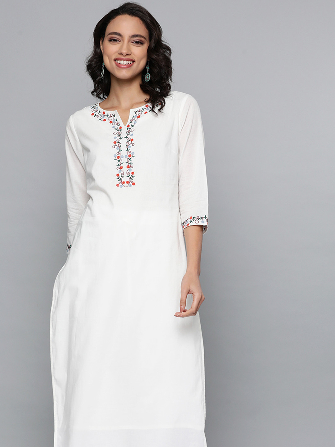 HERE&NOW Women White Cotton Straight Thread Work Kurta