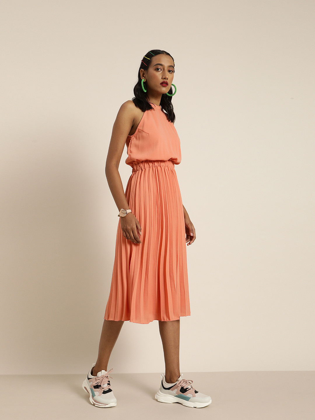 Marie Claire Women Coral Solid Fit and Flare Dress