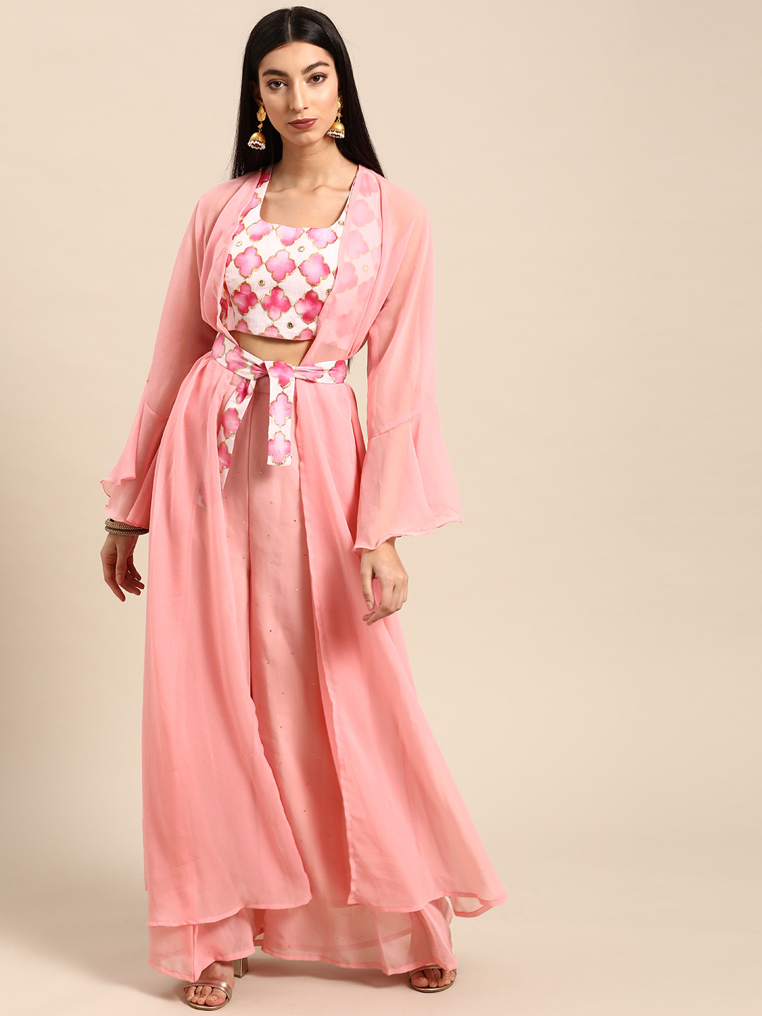 Shaily Women Pink & Off-White Printed Top with Palazzos & Shrug