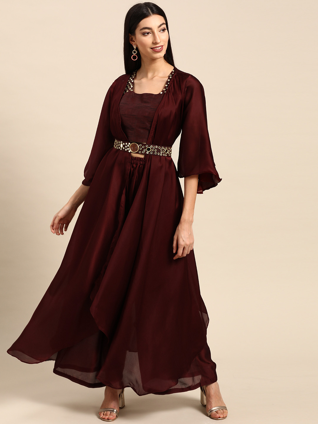 Shaily Women Burgundy Mirror-Work Top with Palazzos & Jacket