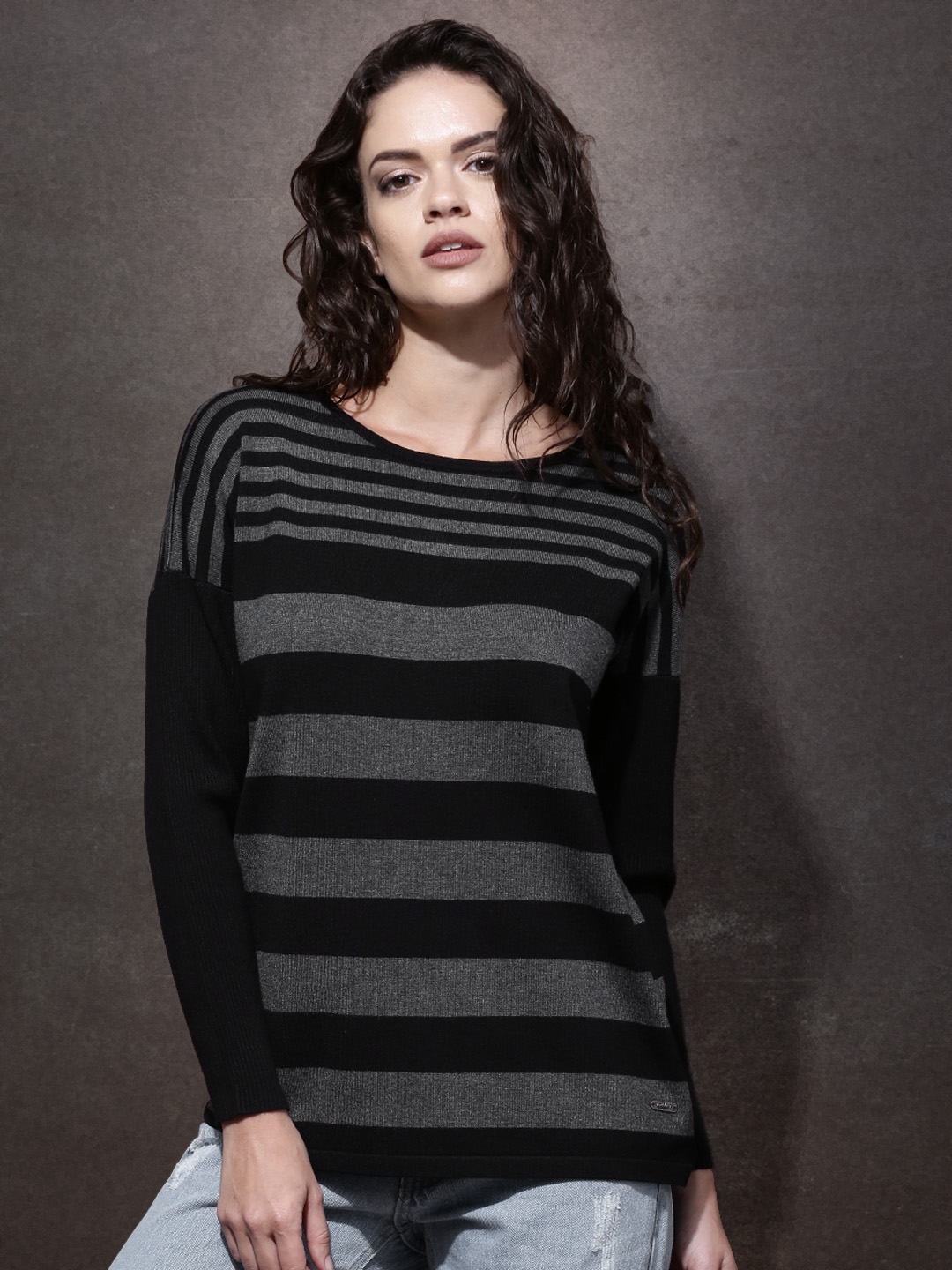 black and grey striped sweatshirt