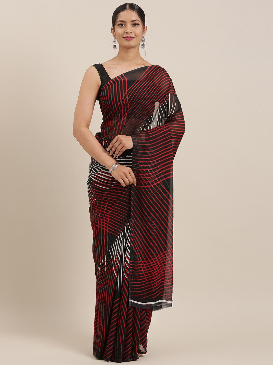 Moda Rapido Black & Red Poly Georgette Striped Saree