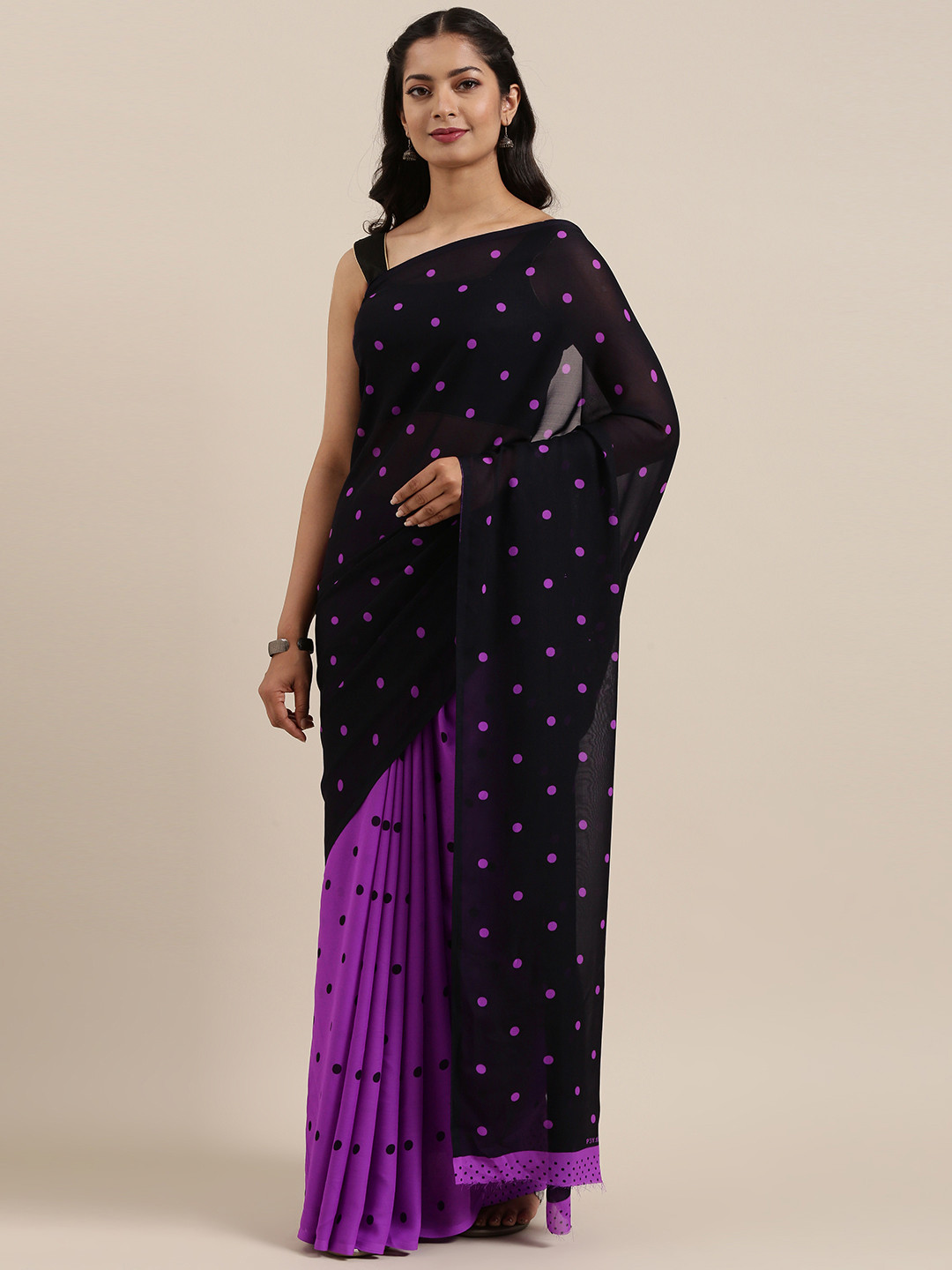 Moda Rapido Black & Purple Polka Dots Printed Half & Half Saree