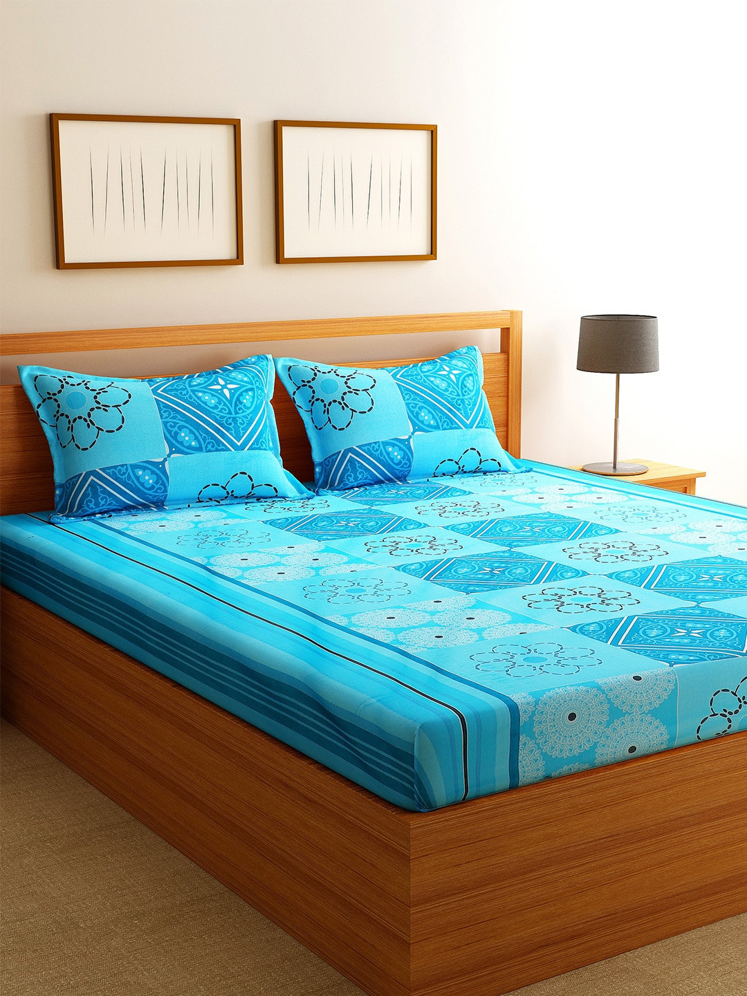 Florida Blue Floral Cotton 144 TC King Bedsheet with 2 Pillow Covers-87 x 106 inches