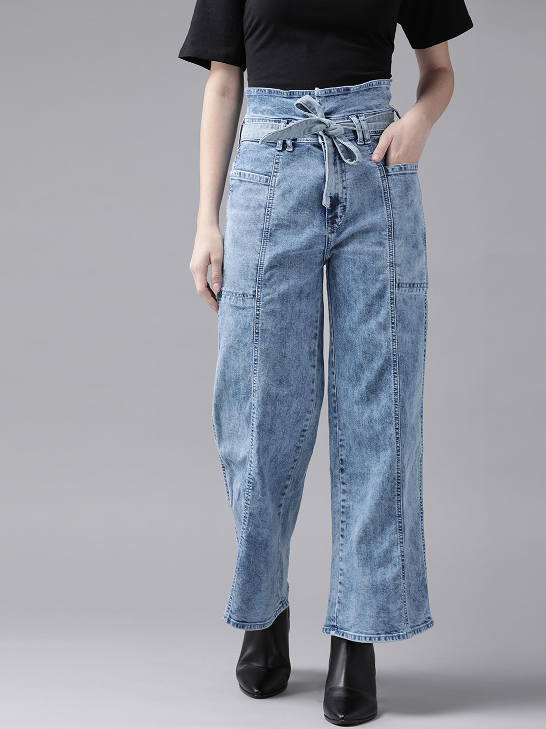 Roadster Women Blue Wide Leg High-Rise Acid Wash Stretchable Jeans with Belt