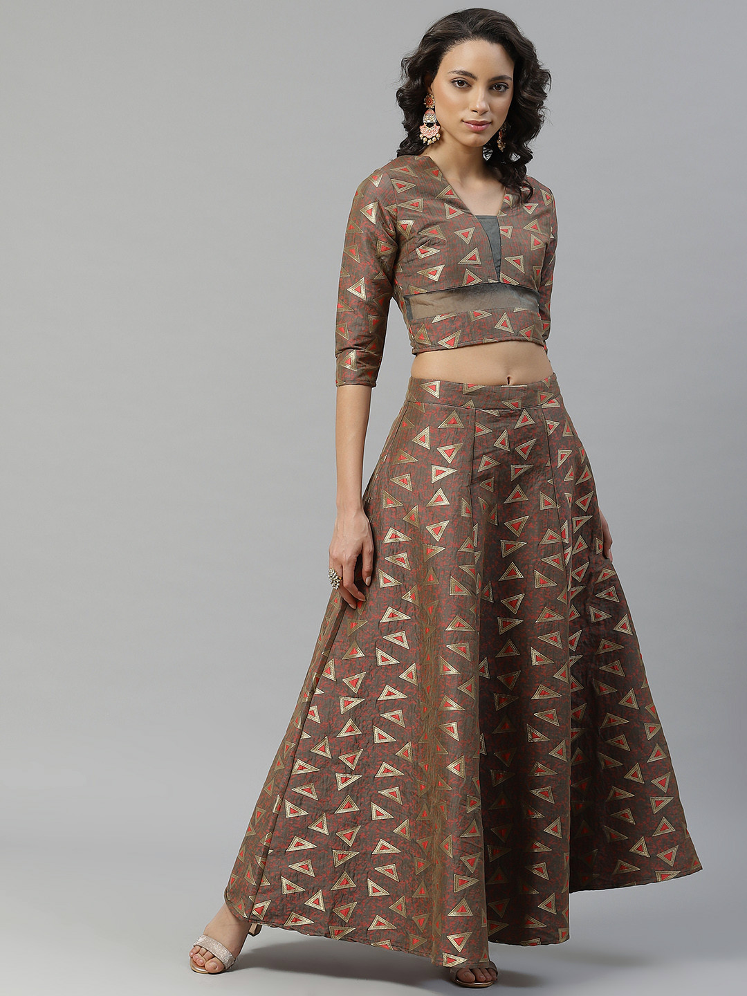flaher Brown & Golden Floral Woven Design Ready to Wear Lehenga with Blouse