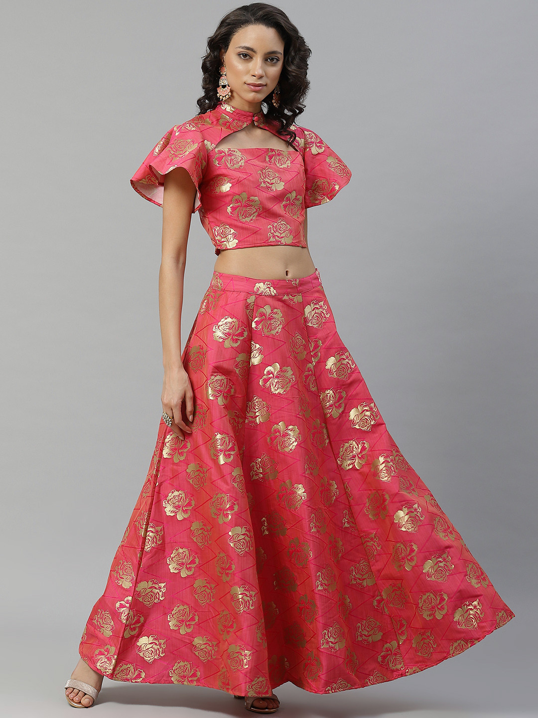 flaher Pink & Golden Floral Woven Design Ready to Wear Lehenga with Blouse