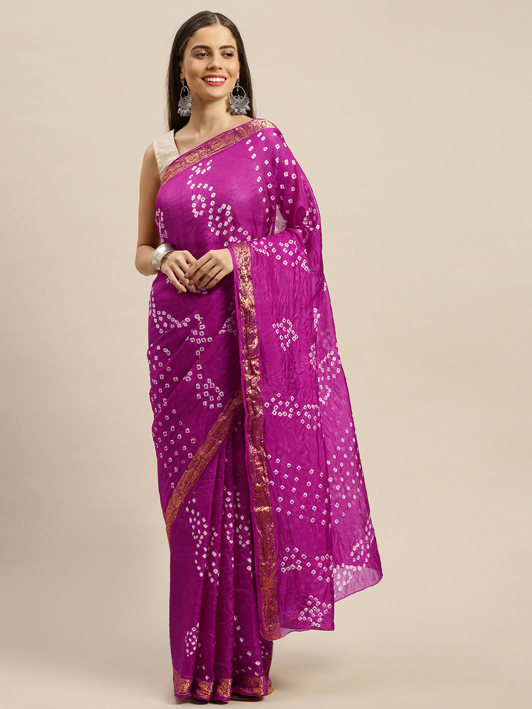 Geroo Jaipur Hand Dyed Magenta Pink Bandhani Silk Saree