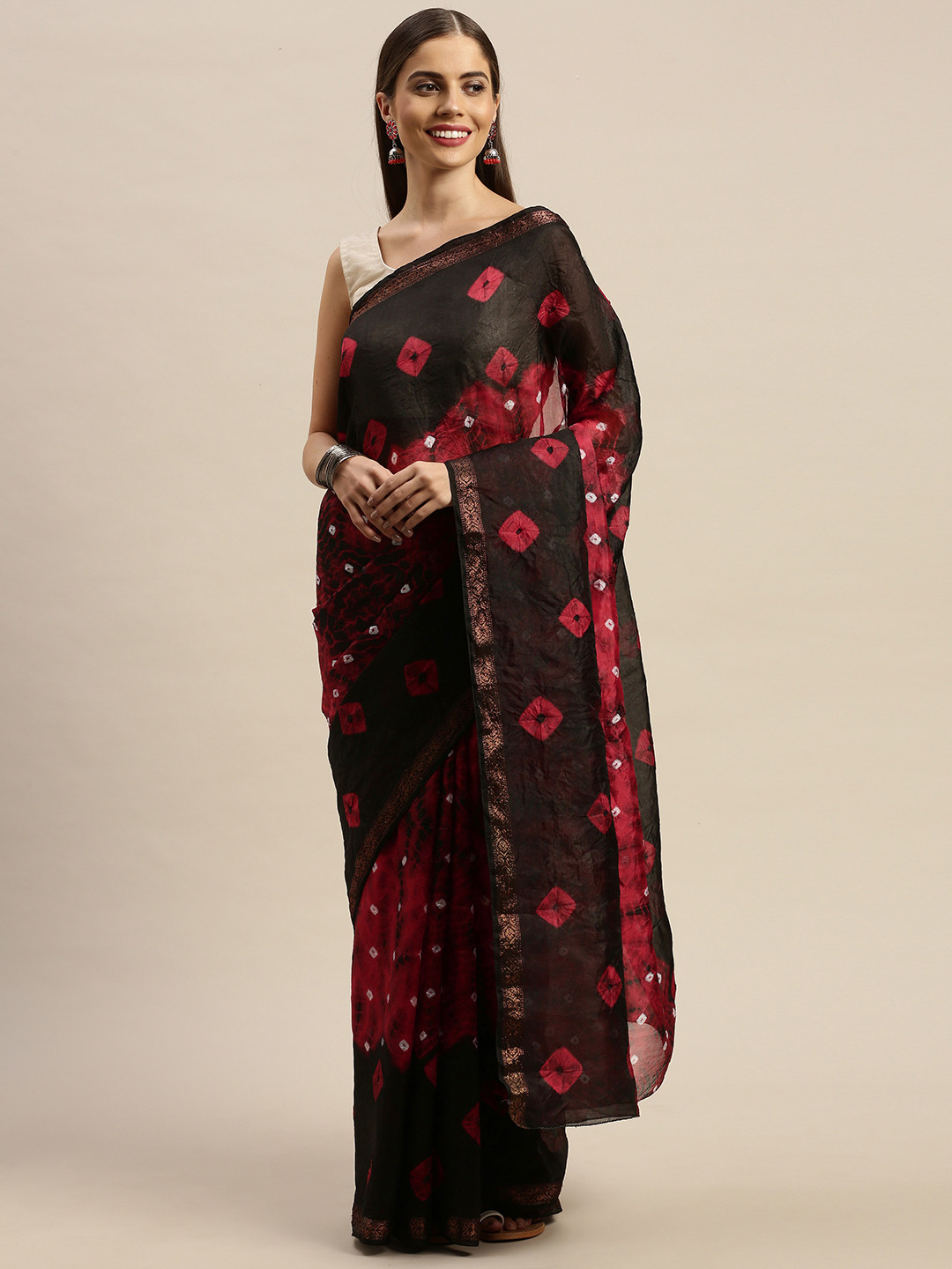 Geroo Jaipur Hand Dyed Black & Red Bandhani Silk Saree