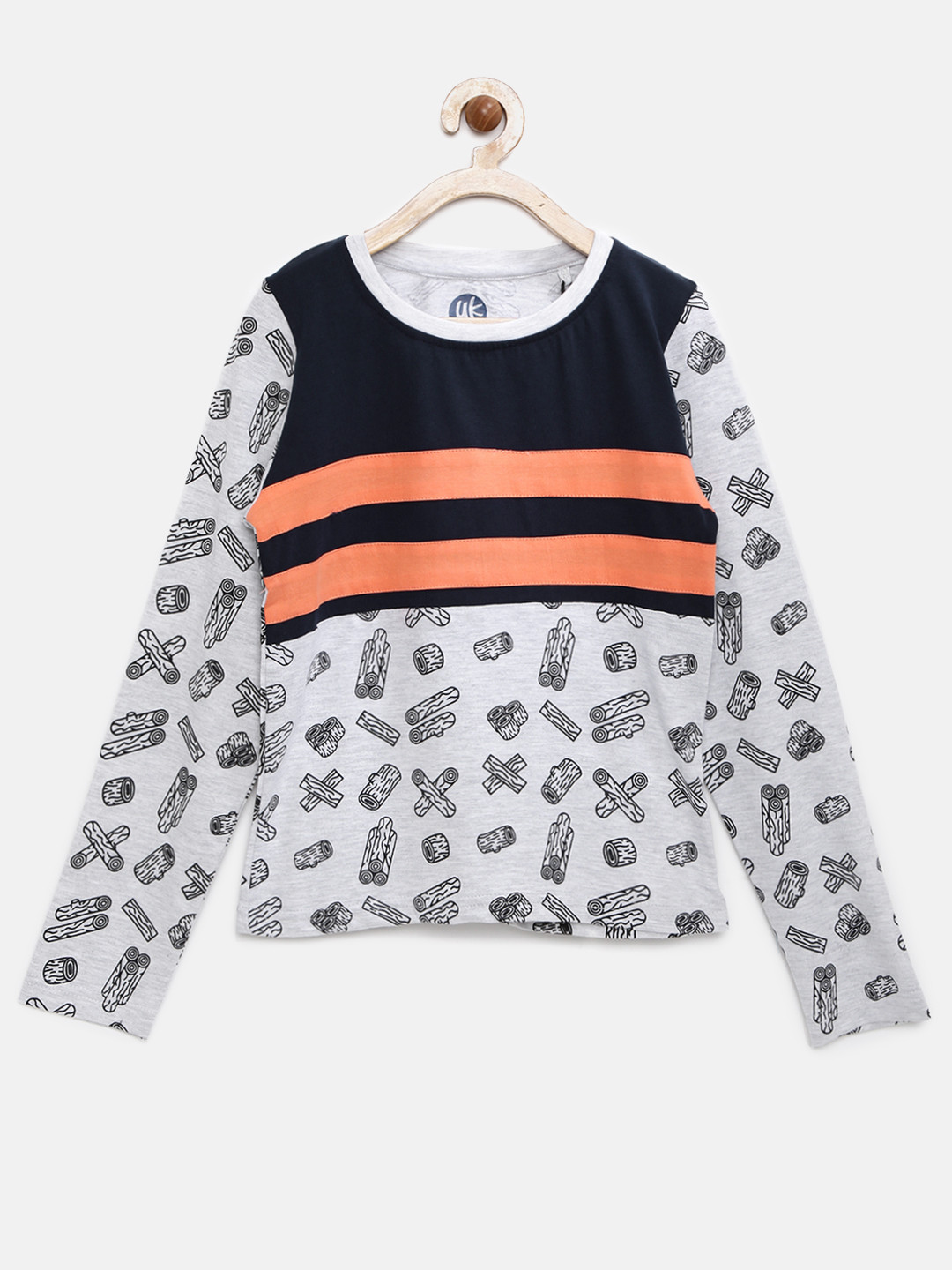 YK Boys Grey Melange & Navy Allover Printed T-shirt