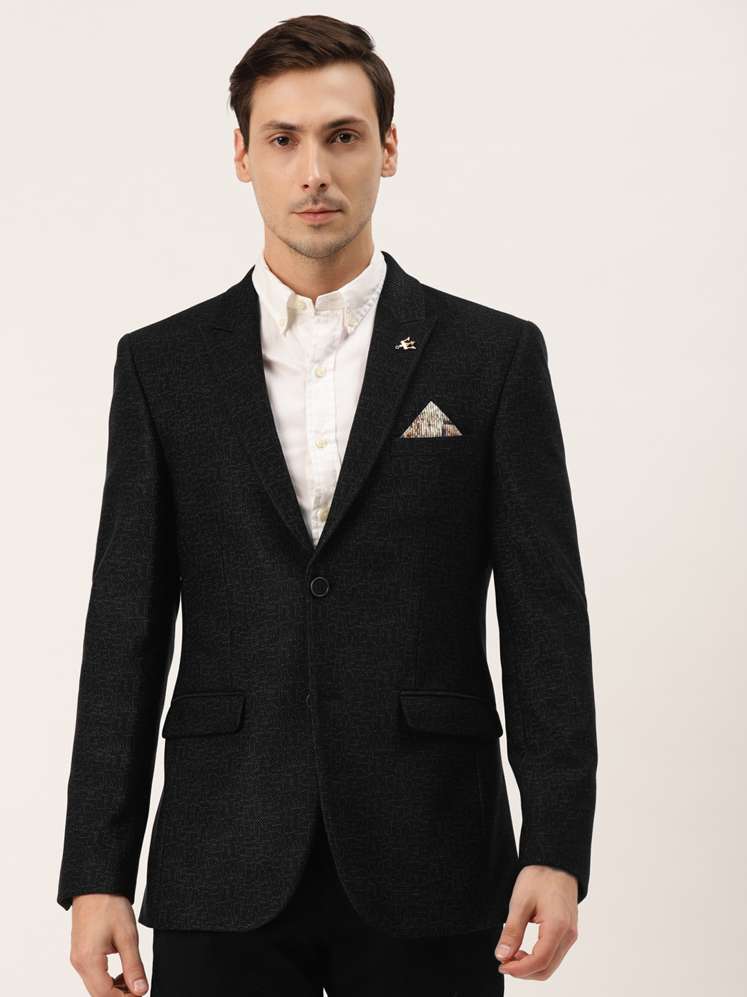 Manyavar Men Black Regular Self-Design Single-Breasted Casual Blazer