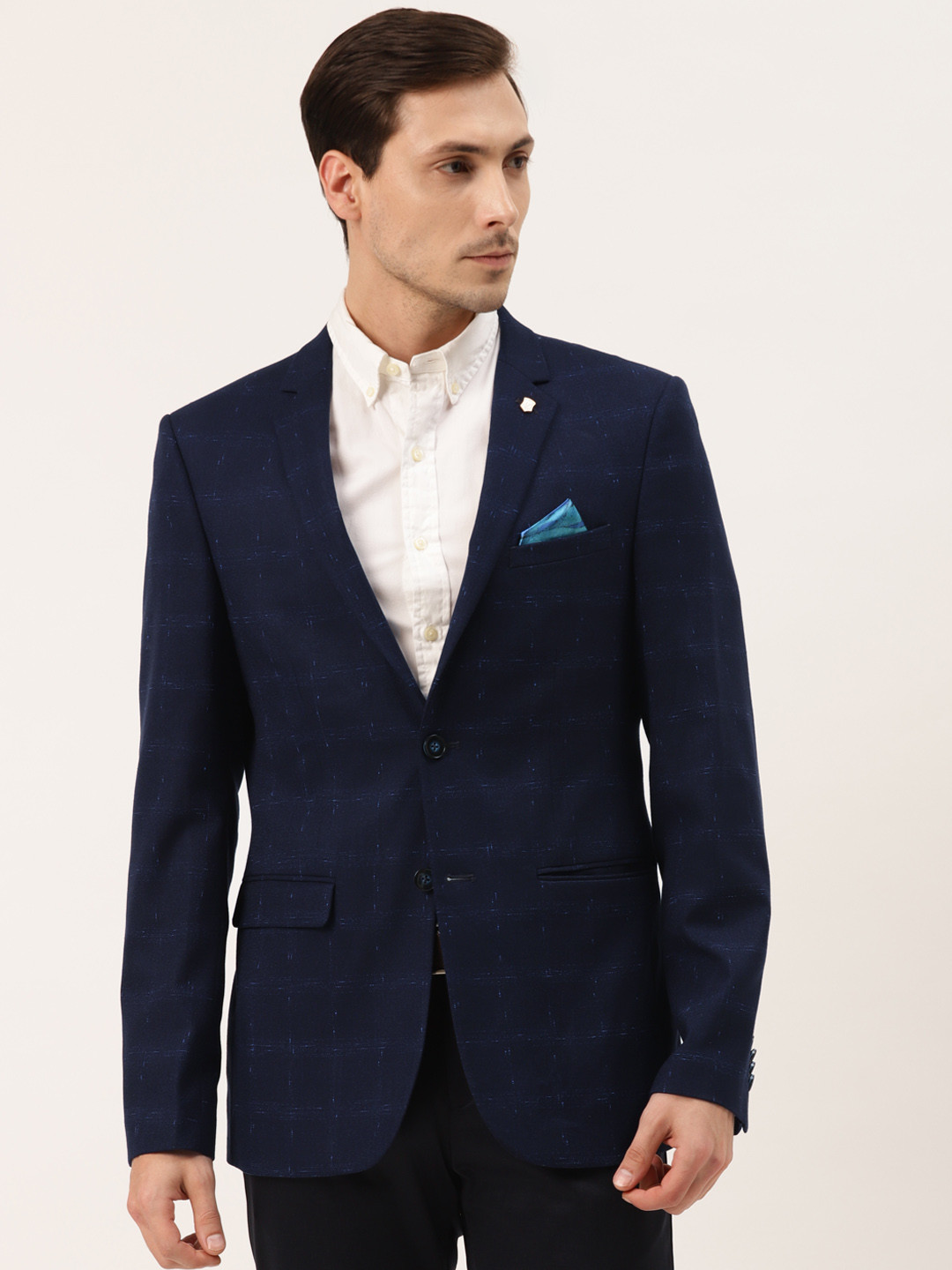 Manyavar Men Navy Blue Checked  Single Breasted Partywear Blazer with Pocket Square