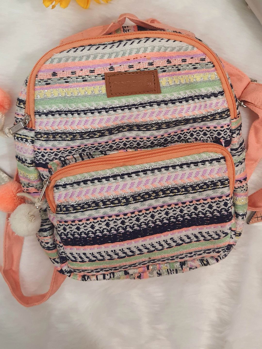 ASTRID Girls Pink Striped Tasselled Backpack