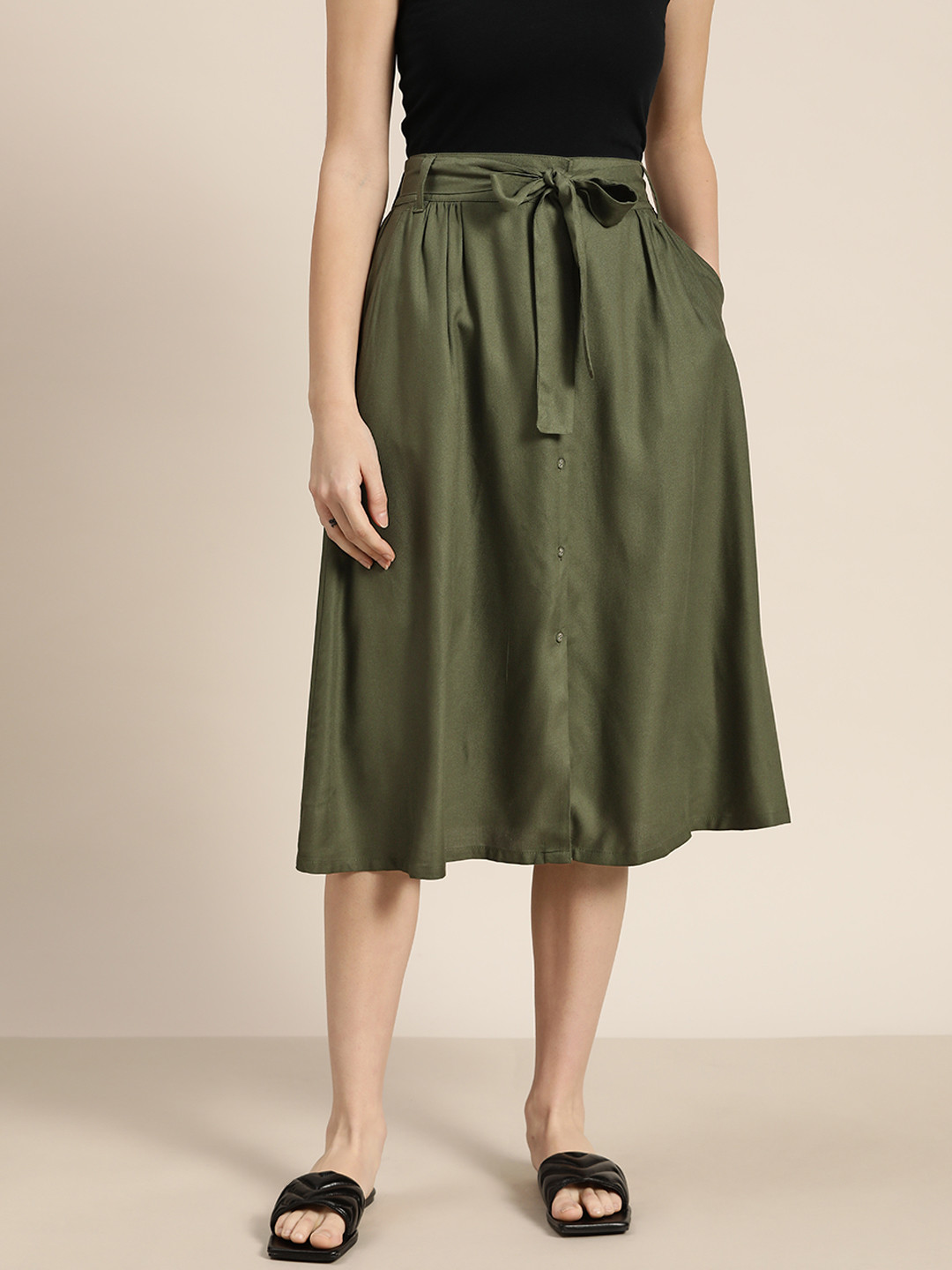 ether Women Olive Green Solid A-Line Skirt & Belt