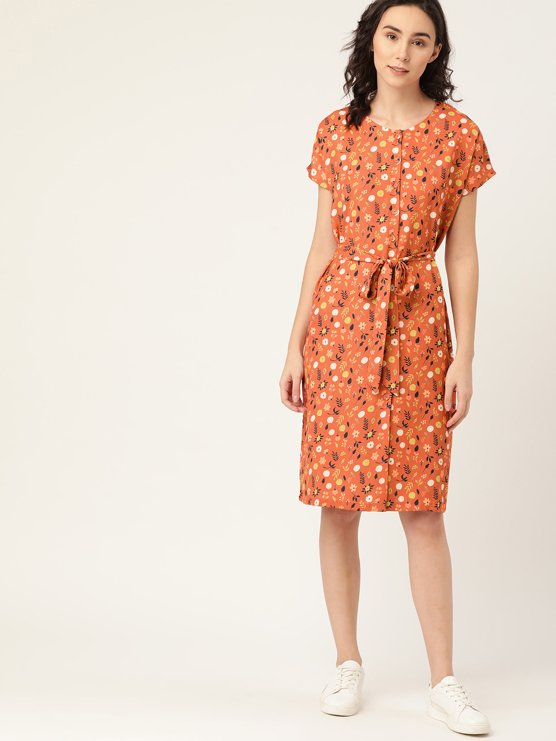 ether Women Peach-Coloured Floral Print Shift Dress