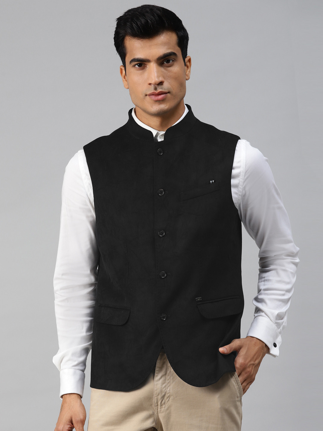 Blackberrys Men Black Solid Slim Fit Nehru Jacket With Velvet Finish