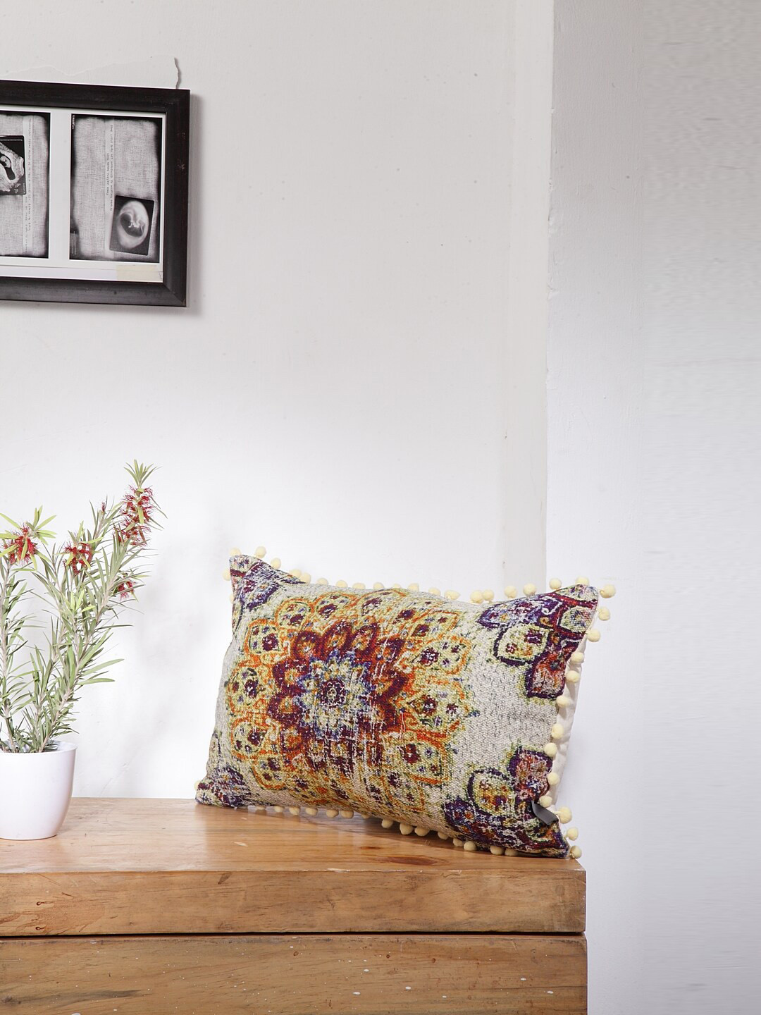 BLANC9 Cream Ethnic Motifs Cotton Washable Rectangle Cushion Cover -11.8x19.7In