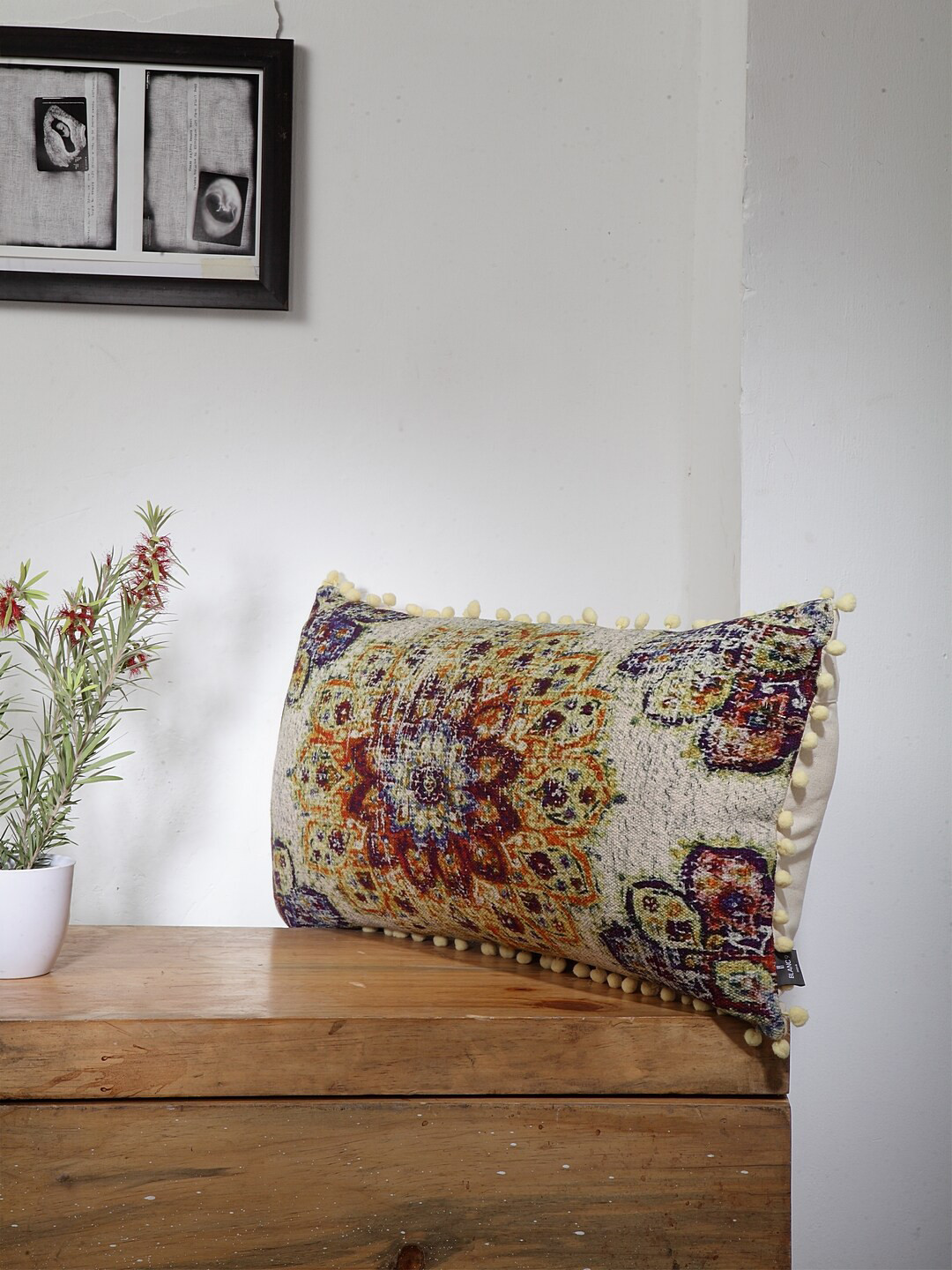 BLANC9 Yellow & Red Printed Pom-Pom Trim Rectangular Cotton Cushion Cover