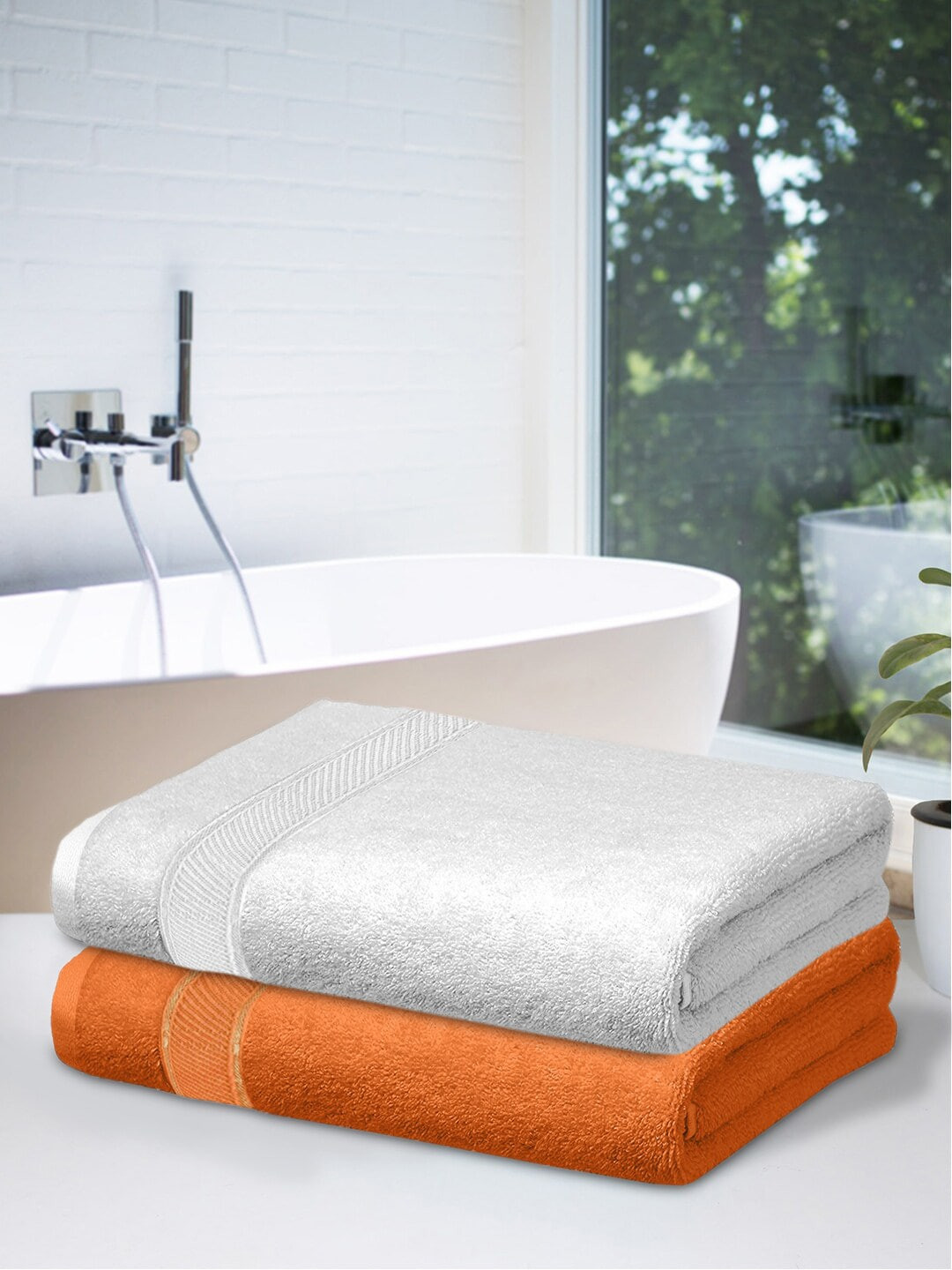 Kuber Industries Set Of 2 White & Orange Solid 500 GSM Cotton Luxurious Bath Towels
