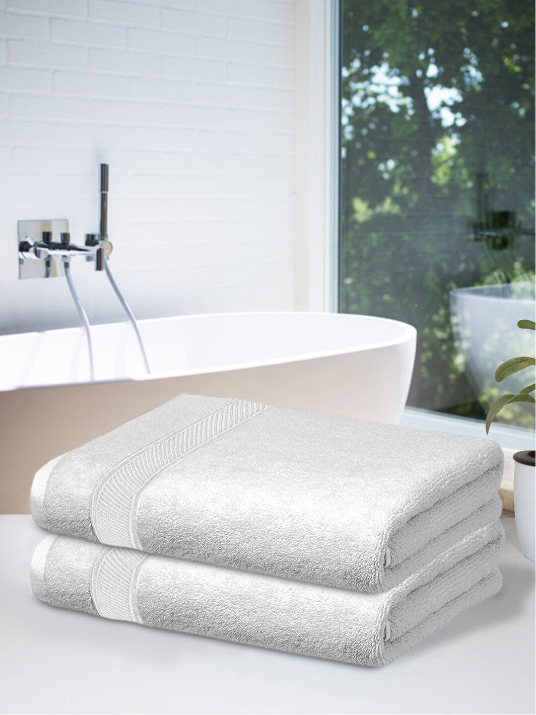 Kuber Industries Set Of 2 White Solid 500 GSM Cotton Bath Towels