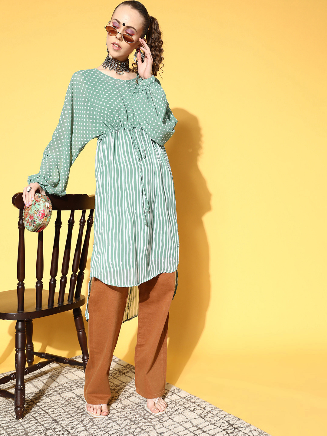 Sage Green Stripes Printed Georgette High-Low Tunic & Inner With Drawstring At Waist