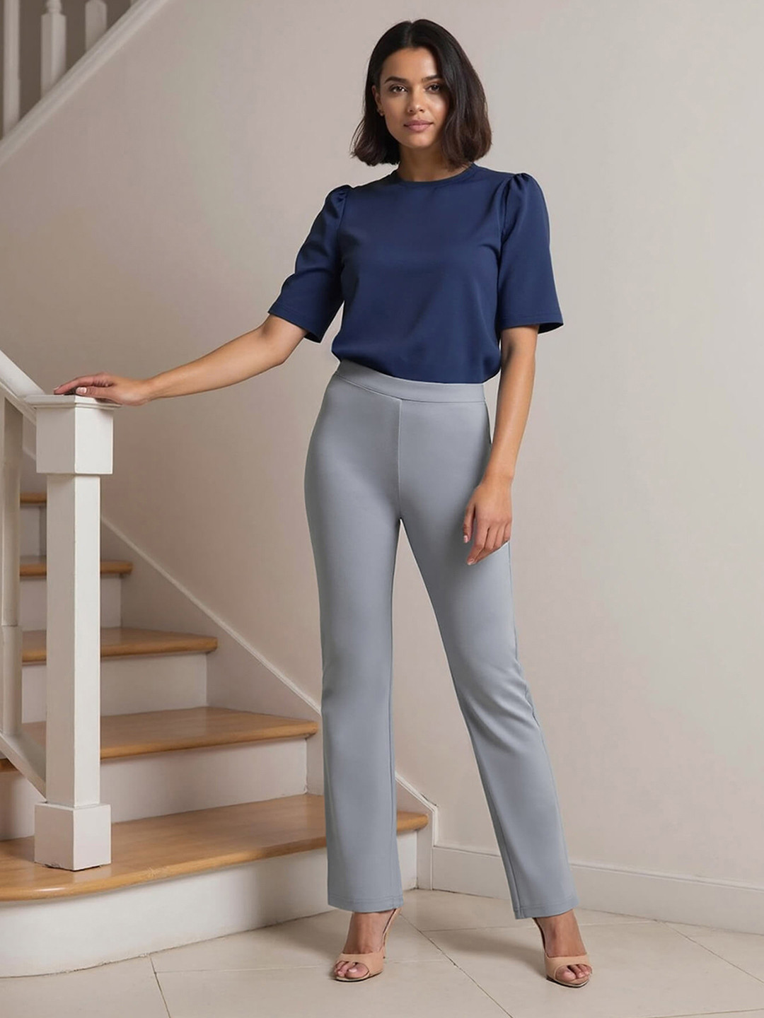 FableStreet Women Grey LivIn Flared Solid Bootcut Trousers