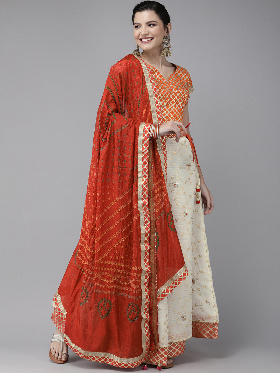 Geroo Jaipur Hand Embroidered White Kota Silk  Lehenga With Red Bandhani Dupatta