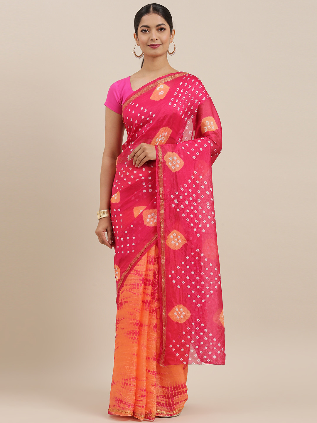 Geroo Jaipur Hand Dyed Pink & Peach Bandhani Kota Silk Sustainable Sareee