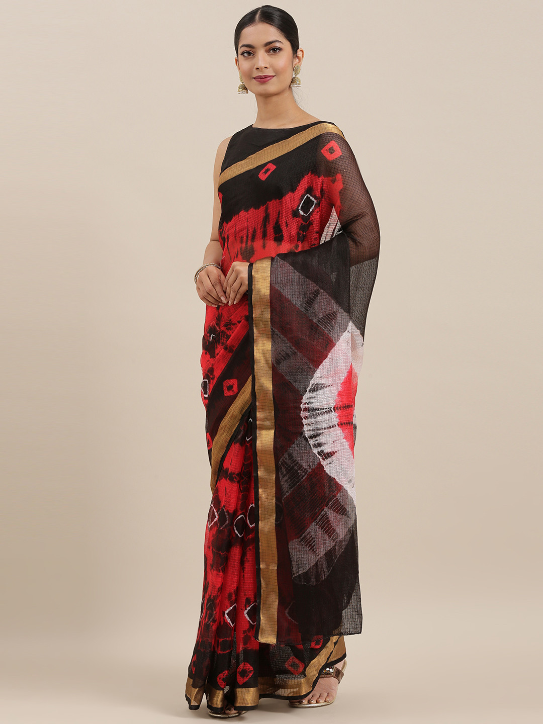 Geroo Jaipur Hand Dyed Black & Red Bandhani Kota Silk Sareee