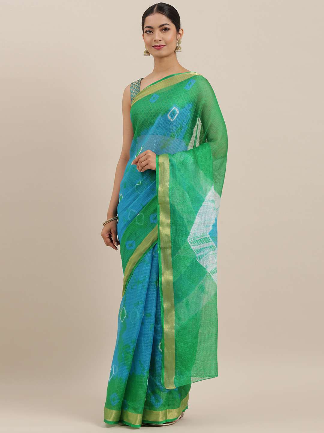 Geroo Jaipur Hand Dyed Turquoise Blue And Green Bandhani Kota Sik Sareee