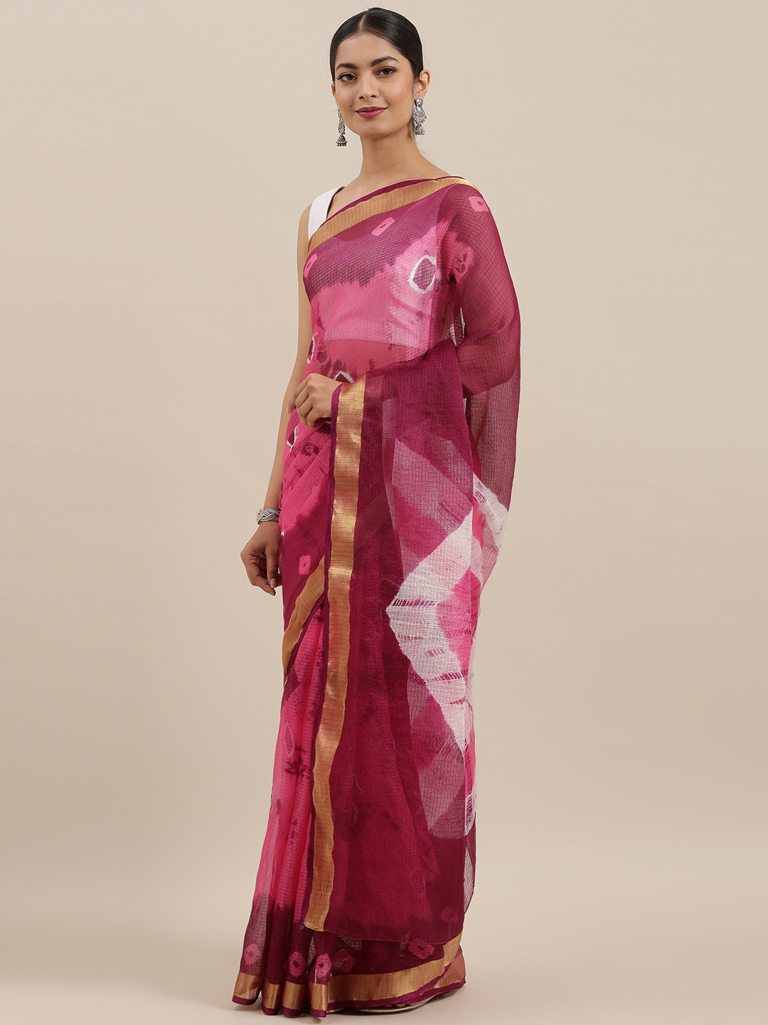 Geroo Jaipur Hand Dyed Pink & Wine  Bandhani Kota Silk Sareee