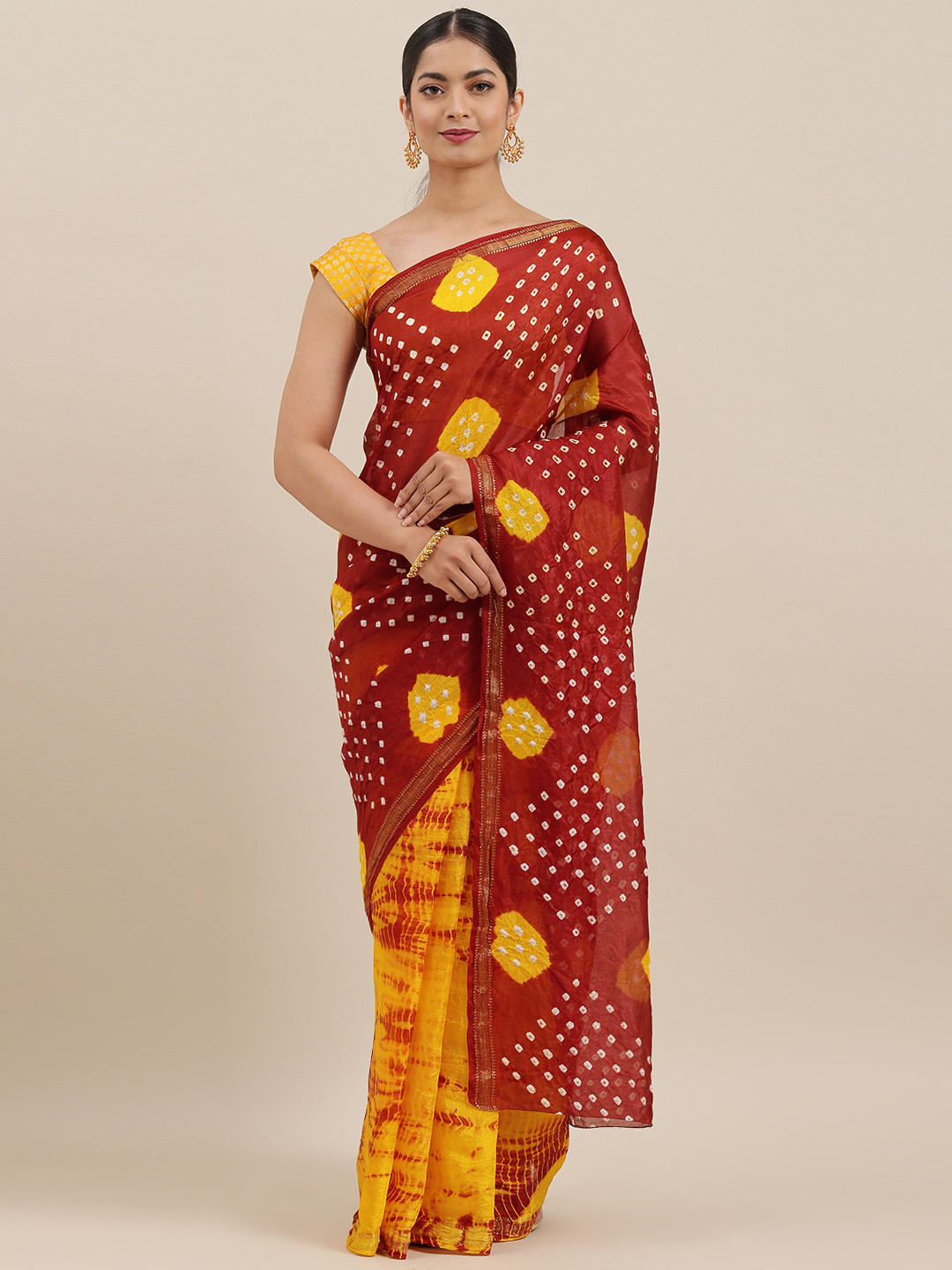 Geroo Jaipur Hand Dyed Black & Red Bandhani Kota Silk Sareee