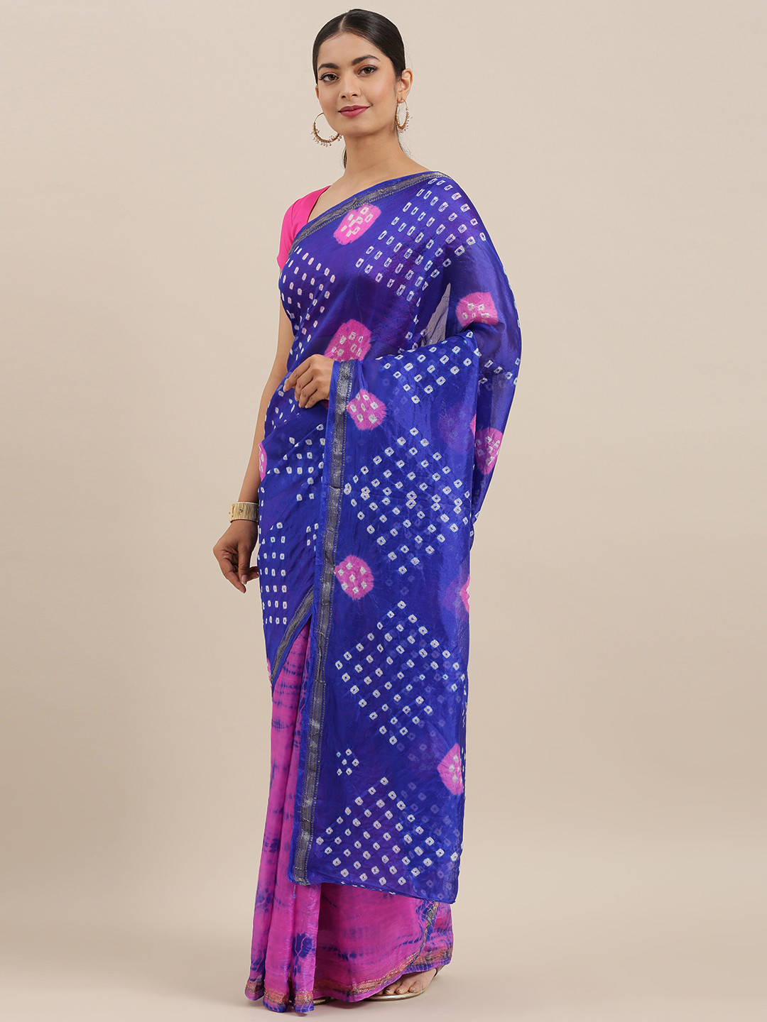 Geroo Jaipur Hand Dyed Pink & Blue Bandhani Kota Silk Saree