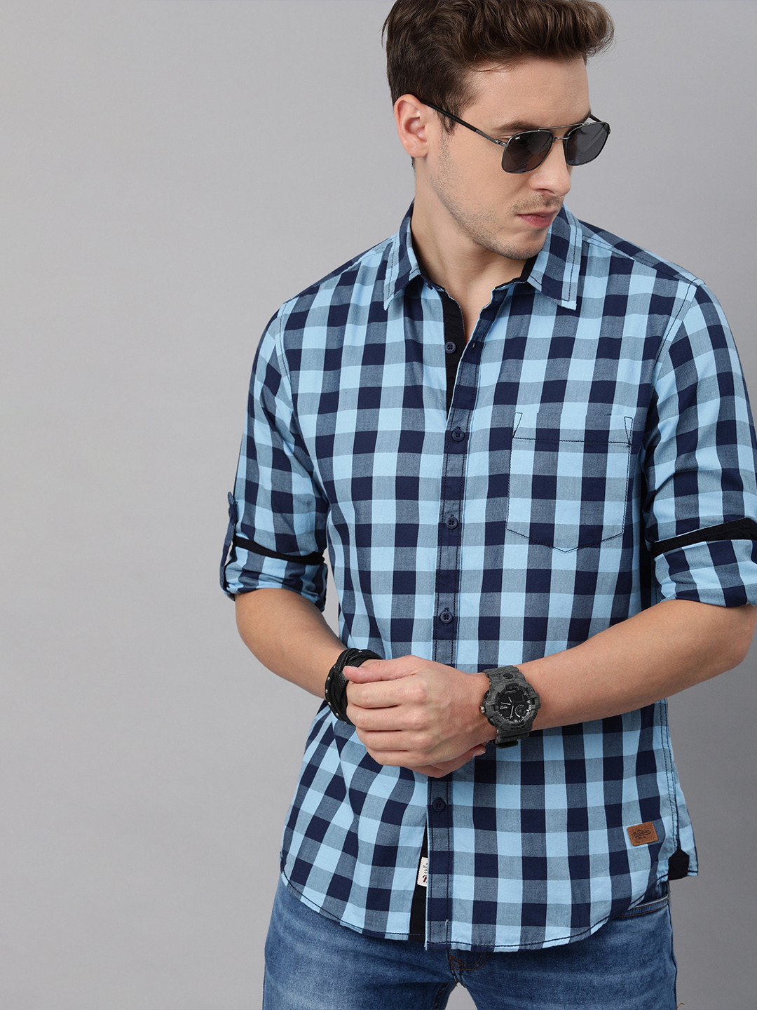 Roadster Men Navy Blue Gingham Checks Checked Casual Shirt