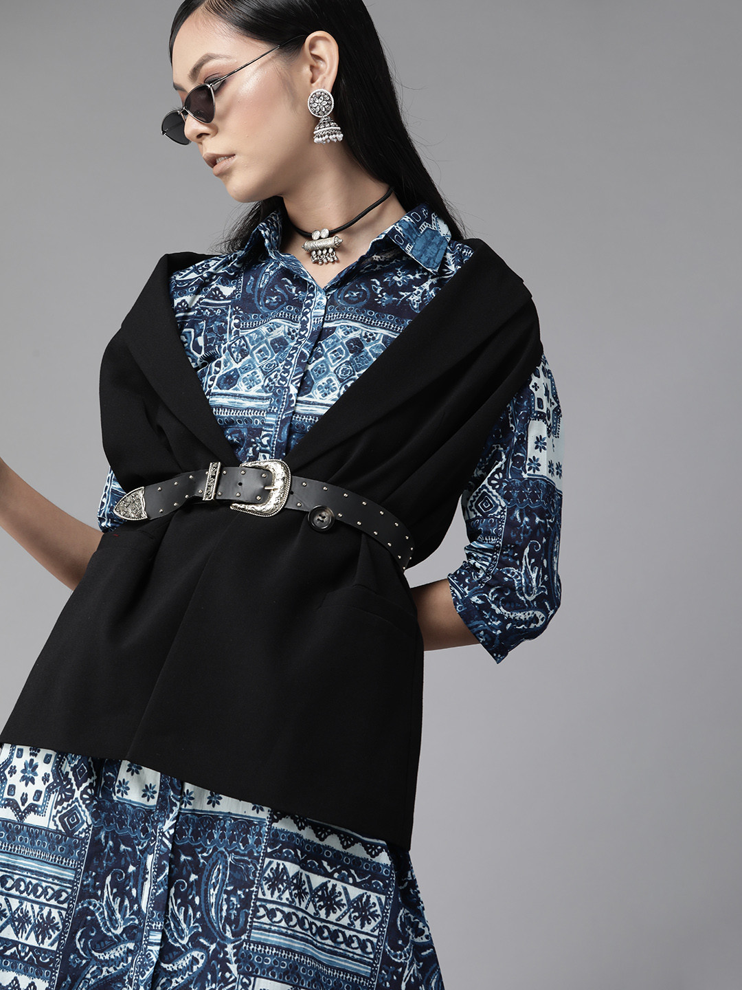 Indo Era Women Navy Blue & White Geometric Printed Cotton A-line Dress