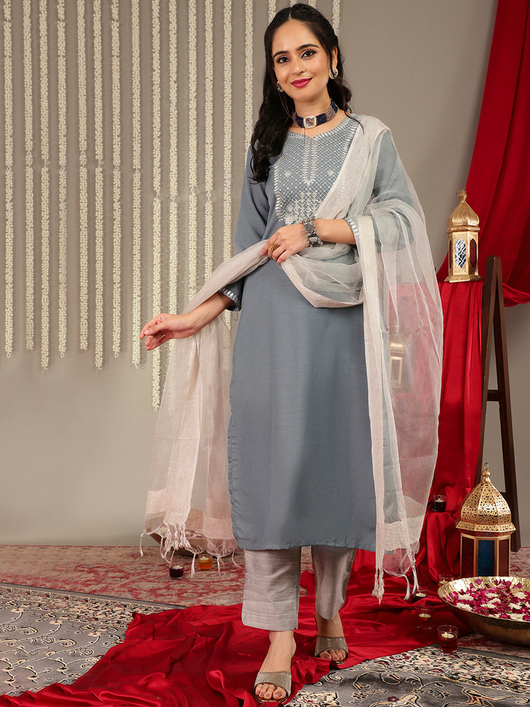 Varanga Calm Blue And Grey Yoke Design Kurta Set
