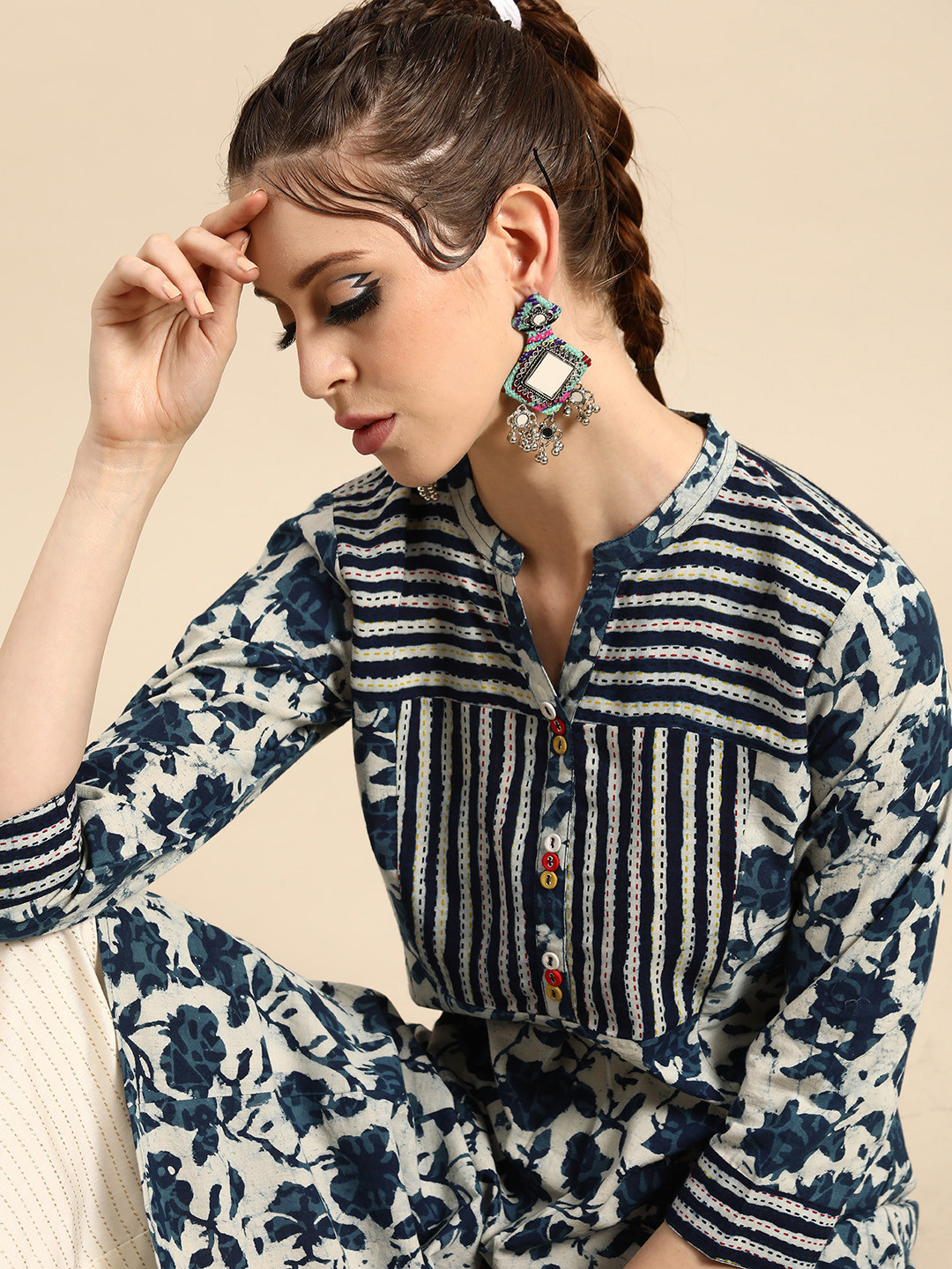 RANGMAYEE Women Off White & Navy Blue Ethnic Motifs Printed A-Line Kurta