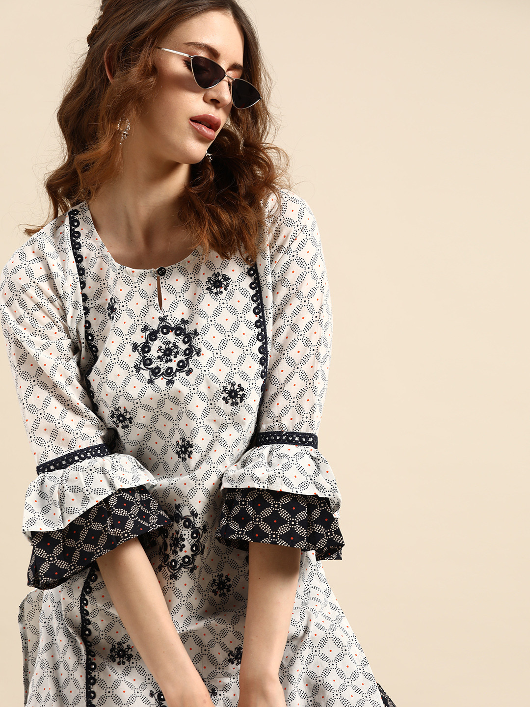 RANGMAYEE Women White & Navy Blue Ethnic Motifs Print Pure Cotton Kurta with Palazzos