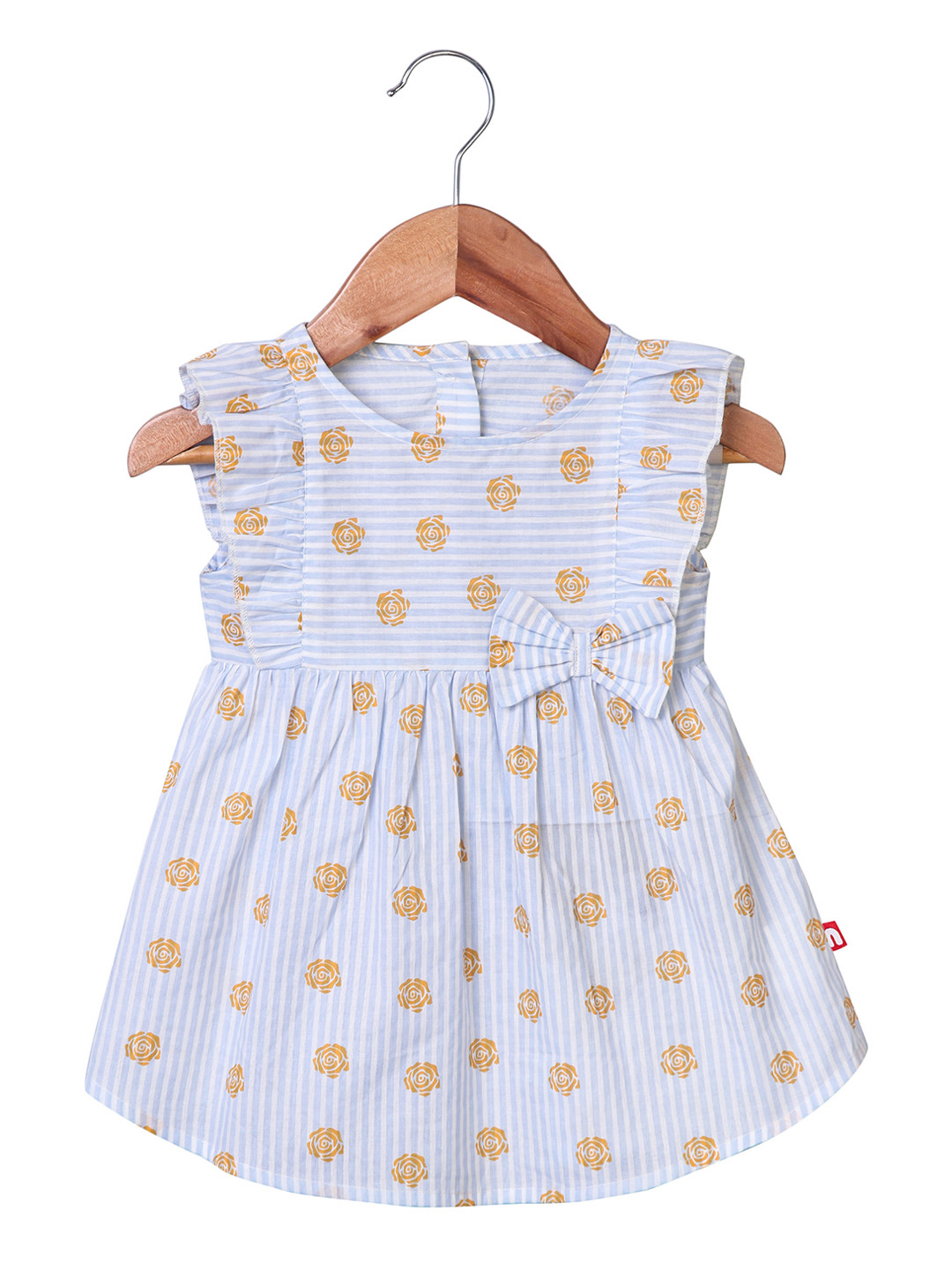 Nino Bambino Girls Blue Printed Organic Cotton Sustainable Ruffled Bow Mini Fit & Flare Dress