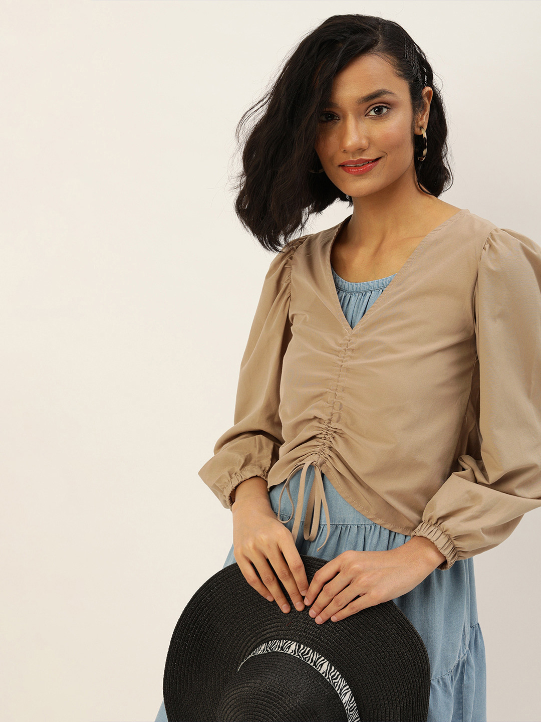 Trendyol Brown Bishop Sleeves Regular Crop Top