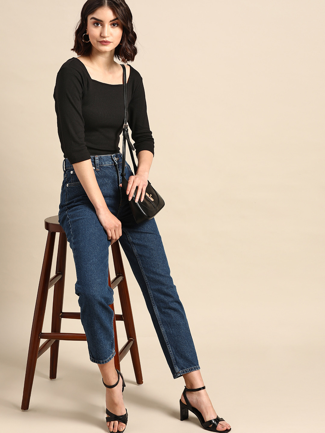 all about you Women Black Solid Square Neck Top